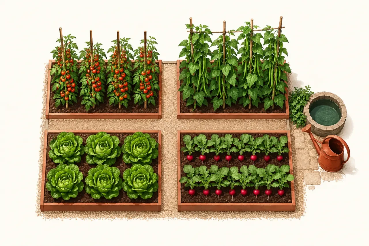 Plan potager debutant organisé en quatre zones avec passages et légumes faciles