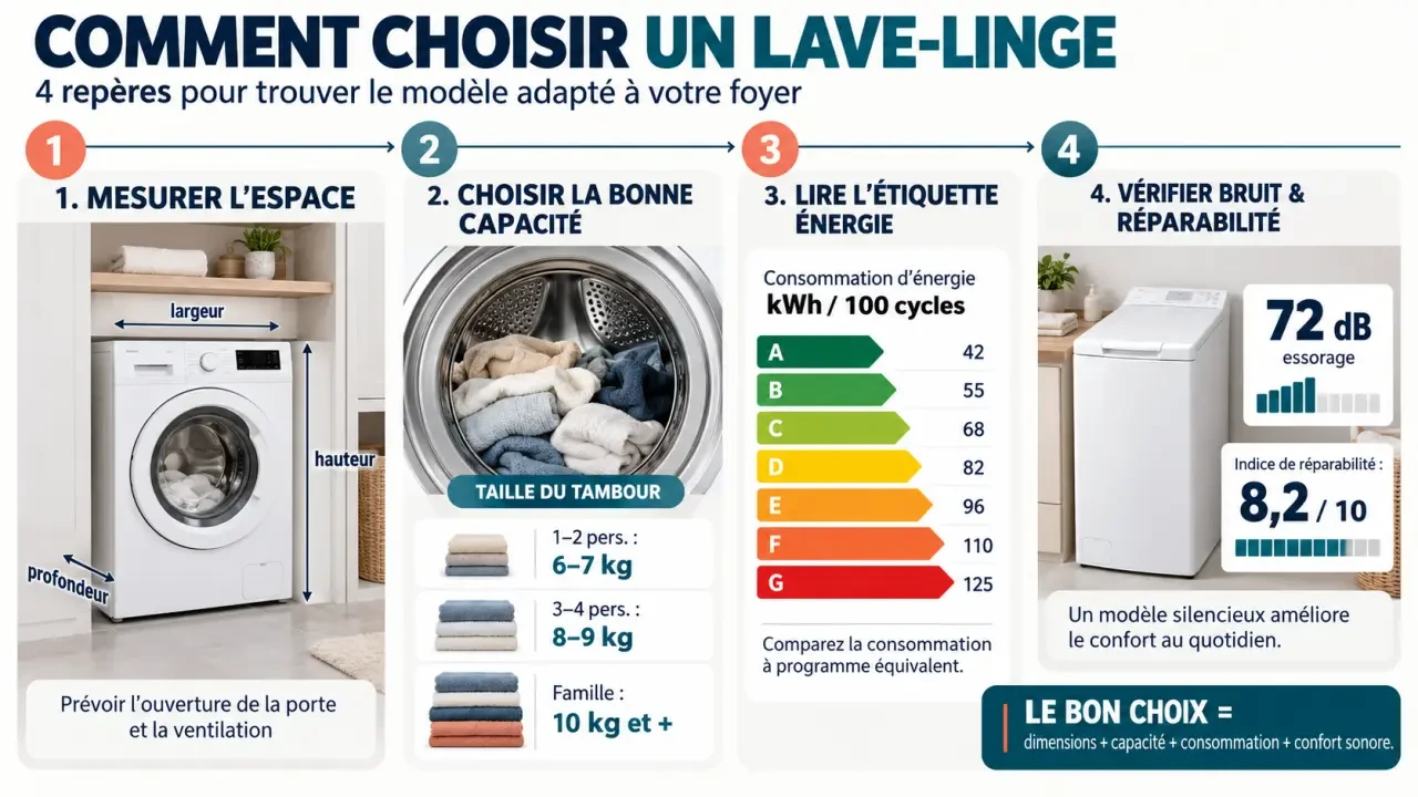Comment choisir un lave-linge : critères de dimension, capacité, énergie, bruit et réparabilité
