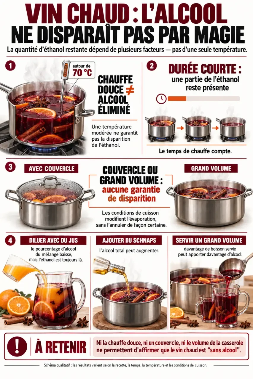 Infographie sur l’alcool dans le vin chaud et l’effet de la chauffe, de la dilution et du volume servi