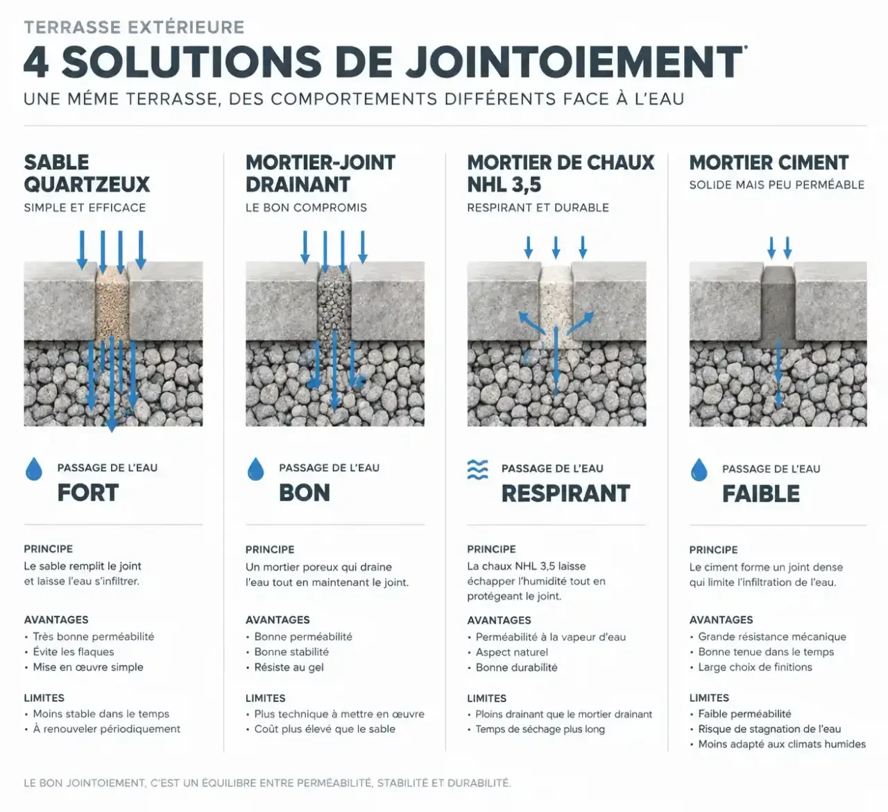 Comparaison des solutions de mortier pour joint de terrasse extérieur : sable, mortier drainant, chaux et ciment, avec circulation de l'eau
