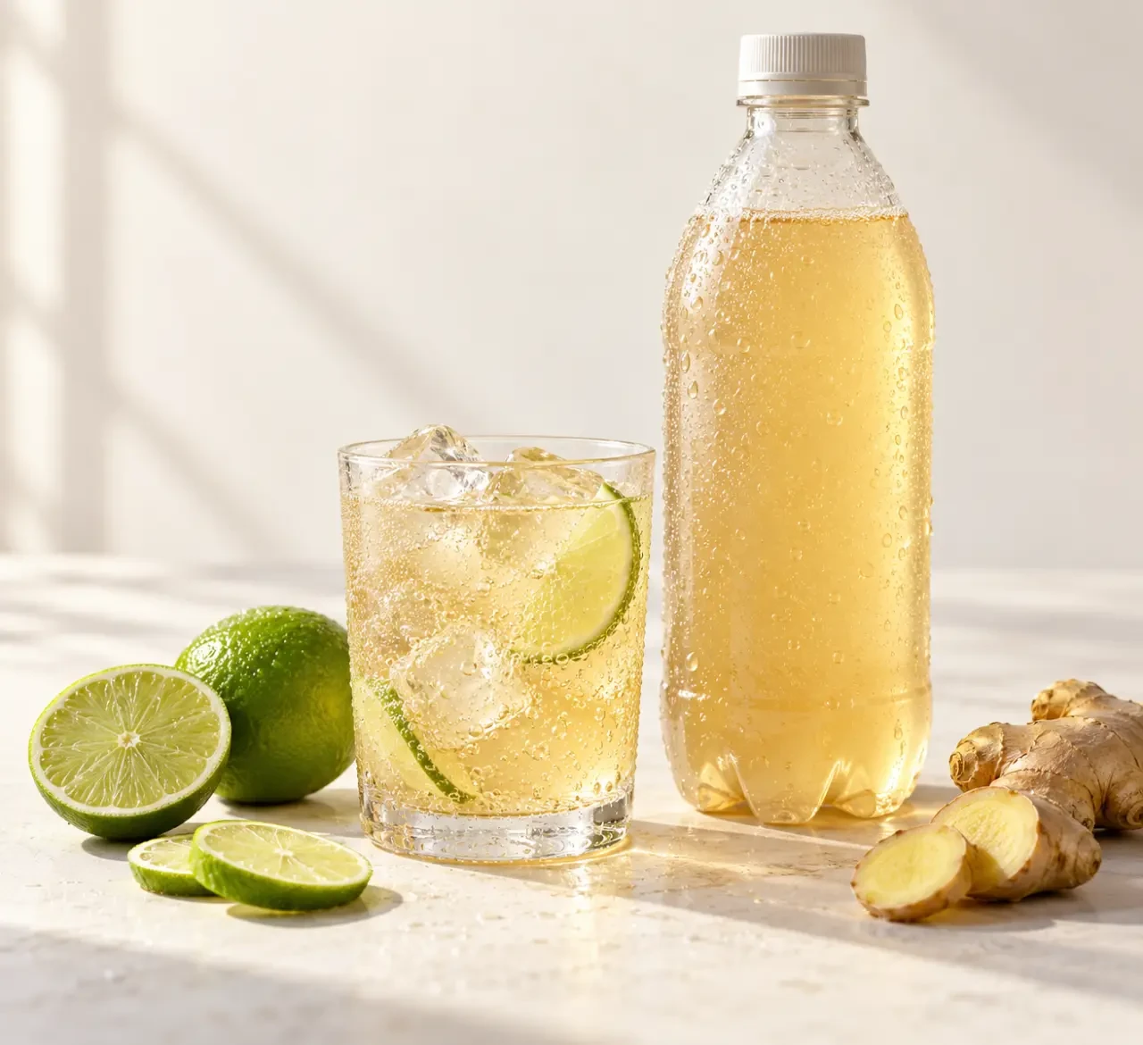 Ginger beer recettes maison servie avec du citron vert et des glaçons