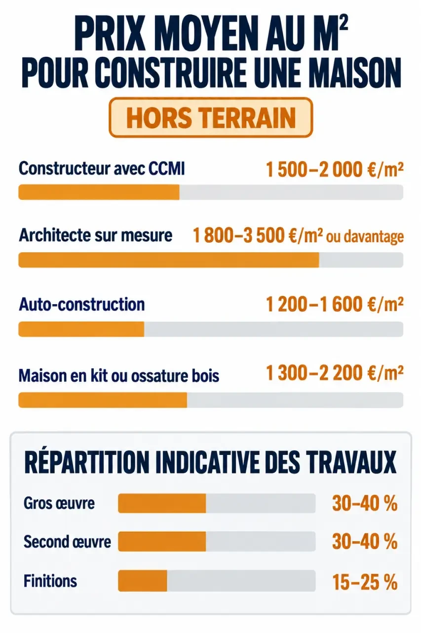 Infographie du prix moyen m2 construction maison selon le mode de construction et la répartition des coûts