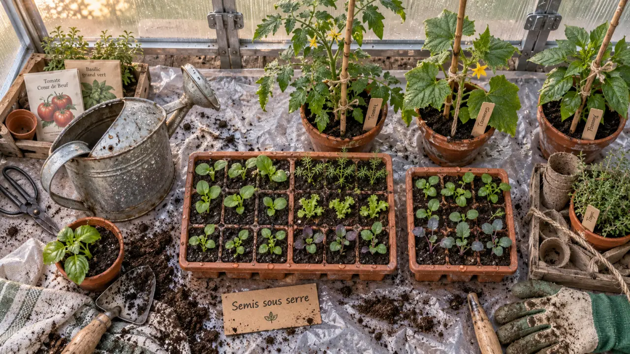 Jardinage serre : semis sous serre en bacs avec jeunes plants