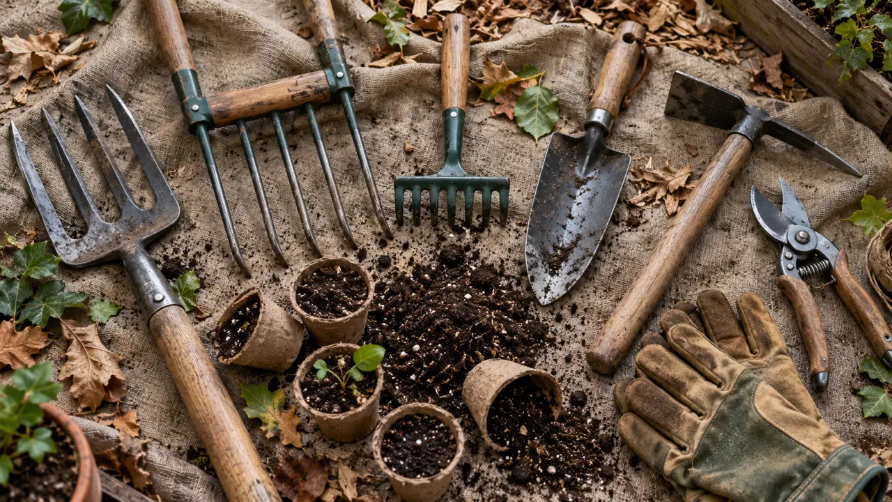 Matériel pour le jardinage : fourche-bêche, grelinette, sécateur et gants