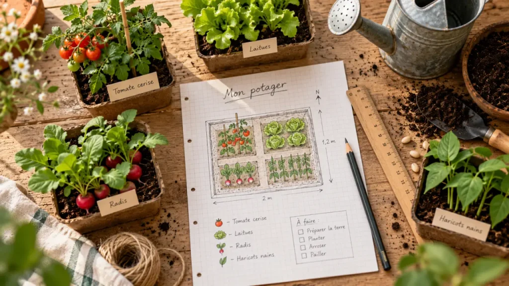 Plan de potager débutant : 4 carrés pour récolter sans planter trop serré