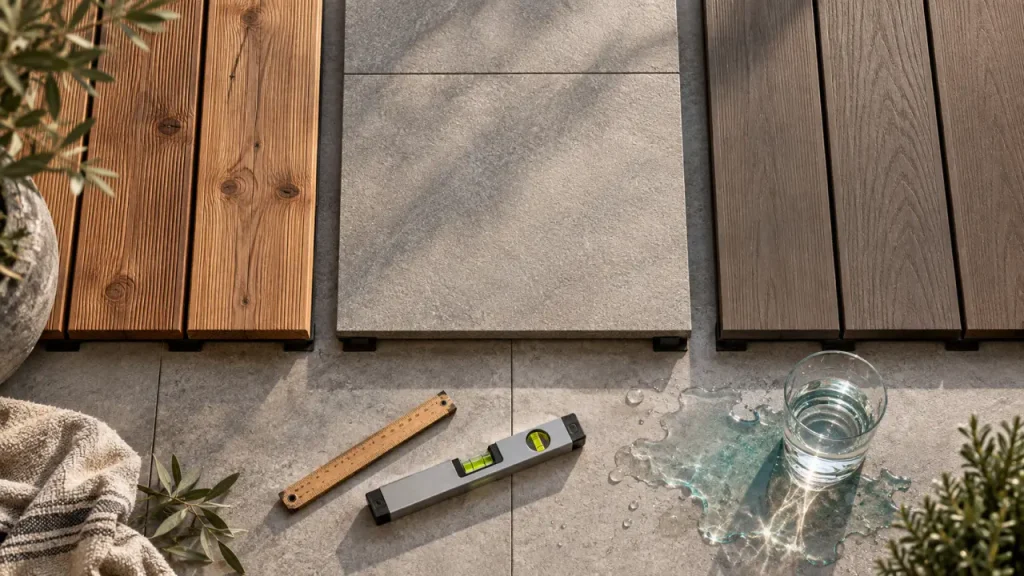 Terrasse bois ou carrelage : le bon choix pour éviter flaques et glissades